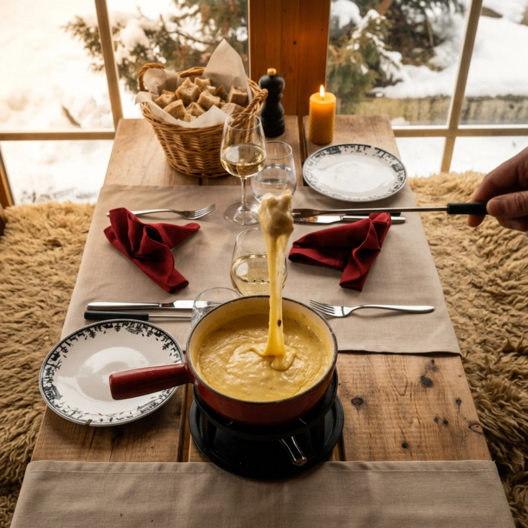 Dampfendes Käsefondue im Caquelon, rustikale Stube im Hintergrund